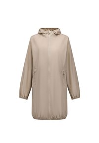 Imperméable à capuche beige clair avec fermeture éclair avant, poignets et ourlet élastiques, et poches latérales zippées, présenté sur un fond blanc.