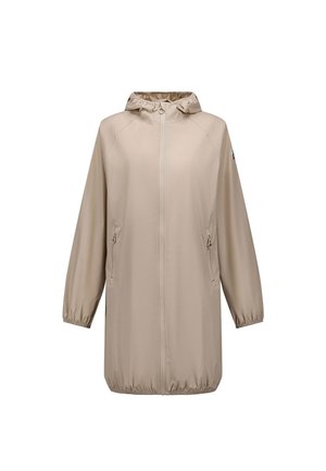 Imperméable à capuche beige clair avec fermeture éclair avant, poignets et ourlet élastiques, et poches latérales zippées, présenté sur un fond blanc.