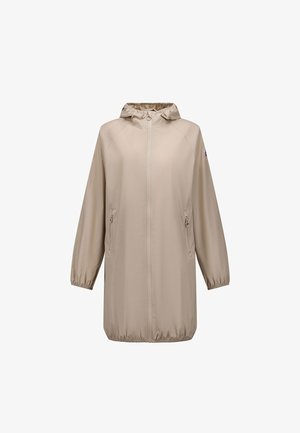 Lichtbeige regenjas met capuchon, voorzien van een ritssluiting aan de voorkant, elastische manchetten en zoom, en ritssluitingen aan de zijkanten, weergegeven op een witte achtergrond.