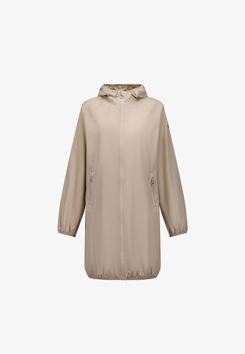 Imperméable à capuche beige clair avec fermeture éclair avant, poignets et ourlet élastiques, et poches latérales zippées, présenté sur un fond blanc.
