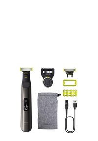 Tondeuse électrique Philips OneBlade avec affichage numérique, peigne ajustable, deux lames de rechange, trois protège-lames verts, câble de chargement USB et pochette de transport grise.