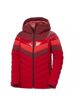 Chaqueta acolchada roja para mujer con patrón chevron en rojo oscuro y rojo brillante, cremallera frontal, bolsillos laterales y capucha incorporada con forro floral.