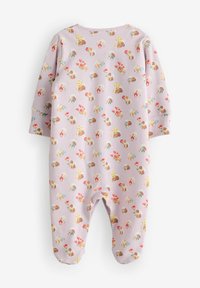 Body à manches longues en tissu violet clair avec un motif floral et animal répétitif. Matériau en coton doux avec un design à pieds.
