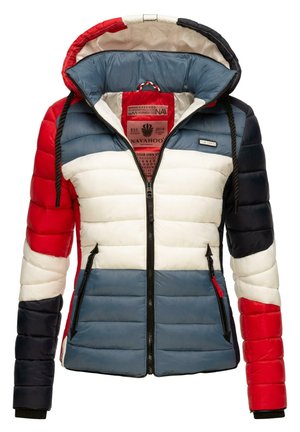 Abrigo acolchado con capucha, que presenta bloques de color horizontales en rojo, blanco, azul y marino. Cierre de cremallera con bolsillos laterales y tejido texturizado.
