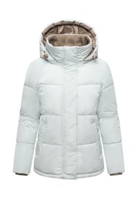 Ljust blått pufferjacka med hög krage och huva, med ett quiltat mönster, elastiska ärmar och kontrasterande beige foder.