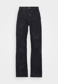 Black, high-waisted jeans with a relaxed fit, featuring a faint washed pattern, button closure, and five-pocket design.