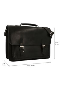 Valigetta in pelle nera con due fibbie frontali, manico superiore, tracolla regolabile e dimensioni indicate: 40 cm di larghezza, 29 cm di altezza, 9 cm di profondità.