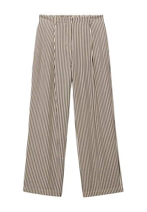Weite Hosen in einem gestreiften Muster, mit einer neutralen Beige- und Dunkelbraun-Farbpalette. Faltenwurfstoff mit einem strukturierten Taillenbund.