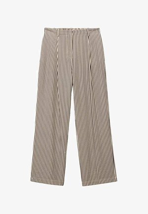 Weite Hosen in einem gestreiften Muster, mit einer neutralen Beige- und Dunkelbraun-Farbpalette. Faltenwurfstoff mit einem strukturierten Taillenbund.