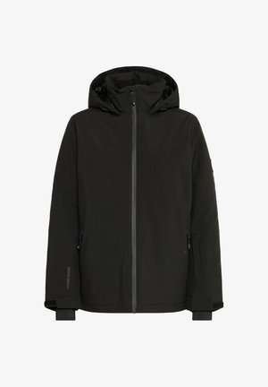 Mustan veekindel jakk kapuutsiga, esine tõmblukk ja küljetaskud. Omab pöidlaavadega varrukaid ja siledat, mati tekstuuri.