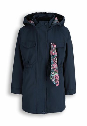Granatowa parka z kapturem, elastycznym pasem, kieszeniami na klapie na piersi oraz przymocowanym z przodu parasolem w kwiatowy wzór.
