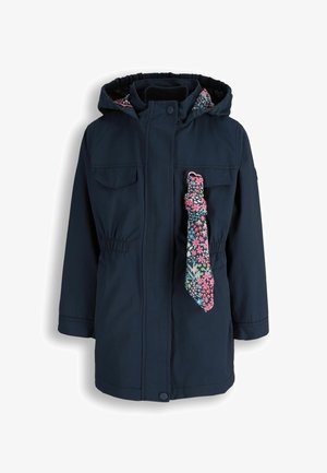 Granatowa parka z kapturem, elastycznym pasem, kieszeniami na klapie na piersi oraz przymocowanym z przodu parasolem w kwiatowy wzór.