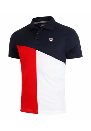 Korte mouwen polo met navy blauwe bovenkant, rood linker voorpaneel, wit rechter voorpaneel, een kraag met knopen en een klein FILA-logo op de borst.