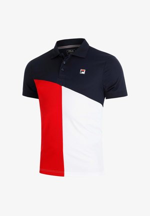 Korte mouwen polo met navy blauwe bovenkant, rood linker voorpaneel, wit rechter voorpaneel, een kraag met knopen en een klein FILA-logo op de borst.