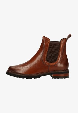 Brown leather Chelsea boot with elastic side panels, a textured finish, and a sturdy rubber sole. Features a pull tab at the back.