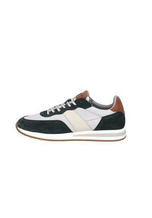 Sneaker featuring a mix of dark green suede and light gray synthetic material, with a white stripe and brown leather heel accent.
