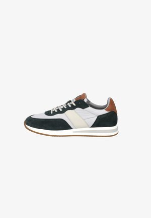 Sneaker featuring a mix of dark green suede and light gray synthetic material, with a white stripe and brown leather heel accent.