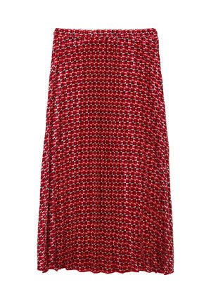 Red pleated skirt with a geometric pattern featuring triangles in shades of red, white, and black. Elastic waistband for comfortable fit.
