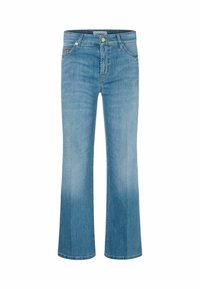 Světle modré džíny z denimu se zapínáním na knoflík a zip, předními kapsami a mírně rozšířenými nohavicemi na spodku.