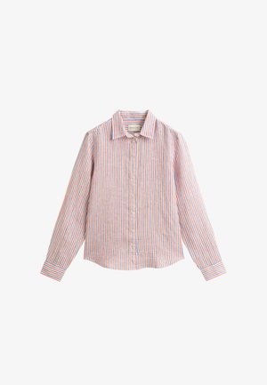 Langärmliges Hemd zum Knöpfen mit vertikalen roten, blauen und weißen Streifen und einem klassischen Kragen vor weißem Hintergrund.