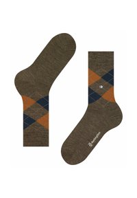 Calzini marroni con motivo a rombi in arancione e blu navy. Realizzati in materiale morbido, con un bordo a coste e logo sulla suola.