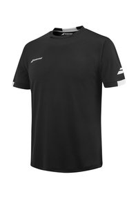 Zwarte sport t-shirt van ademende stof, met ronde halslijn, korte mouwen en witte accenten op de mouwranden.
