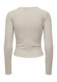 Top a maniche lunghe in maglia a coste di un beige chiaro, con scollatura rotonda e bordi grezzi all'orlo e ai polsini per un look casual.
