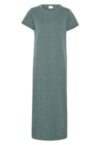 Long, solid-color dress in muted green, made of soft fabric, featuring short sleeves, a round neckline, and a straight silhouette.