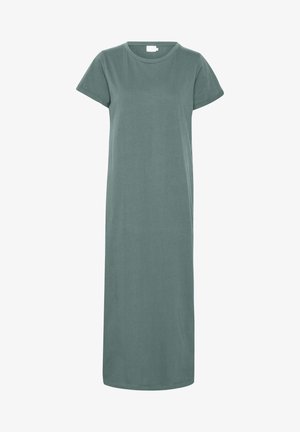Lang, effen kleur jurk in gedempt groen, gemaakt van zachte stof, met korte mouwen, een ronde halslijn en een rechte silhouet.