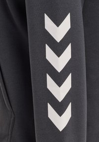 Szary hoodie o gładkiej fakturze; posiada wyraźne białe wzory chevron na rękawach. Zawiera kieszeń kangurzą z przodu.