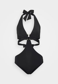 Svart badedrakt med halterneck-bånd og utskjæringsdesign. Har hardware i gulltone i midten og et glatt, stretchy materiale.
