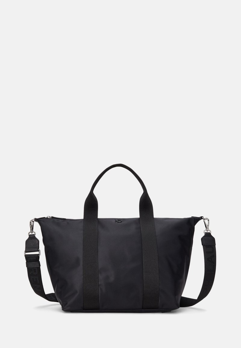 Sac cabas rectangulaire noir avec deux poignées courtes et une bandoulière réglable sur fond blanc.