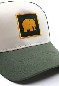 Gorra con una parte delantera beige y visera verde que presenta un logotipo bordado de un elefante amarillo dentro de un contorno cuadrado verde.