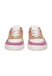 Multicolored sneakers featuring a mix of orange, pink, and green suede with a white mesh upper, white laces, and a textured rubber sole.