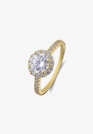 Gold ring with a large round center diamond surrounded by smaller diamonds on the band and halo setting.