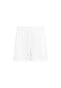 Pantaloni corti bianchi realizzati in un tessuto leggero, con una vita elastica, cordoncino di regolazione e pieghe laterali per una vestibilità comoda.