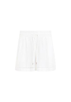 White shorts made from lightweight fabric, featuring an elastic waistband, drawstring tie, and side pleats for a relaxed fit.