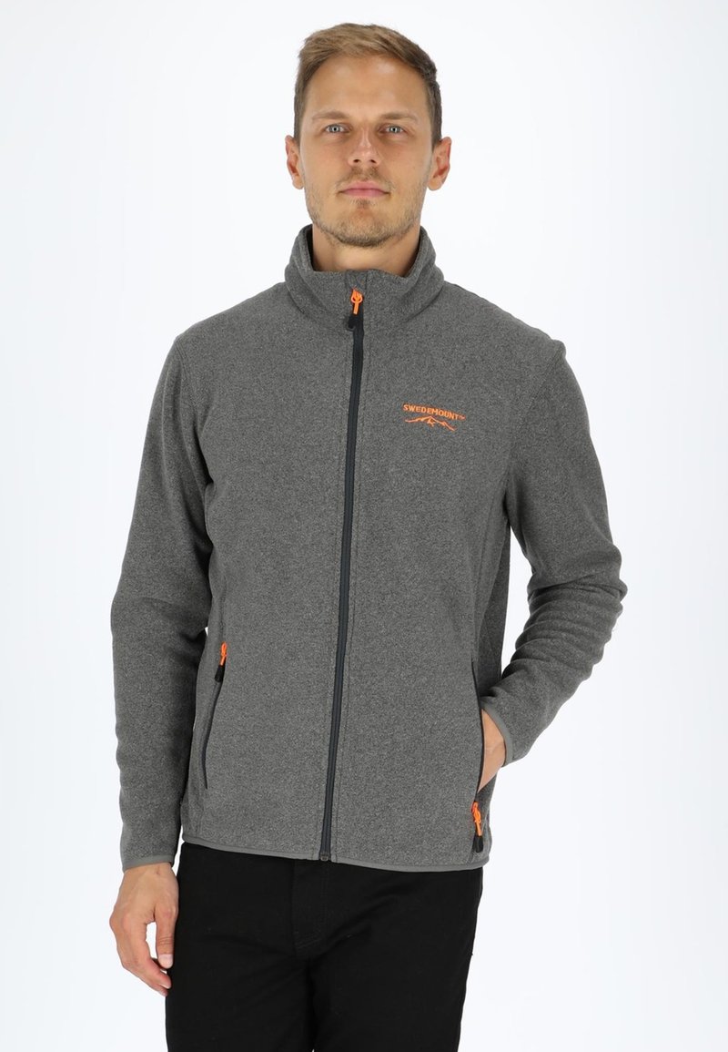 Gray fleece jacket with a high collar, zipper closure, and orange accents. Features side pockets and a subtle logo on the chest.