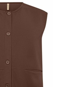 Bruine mouwloze kleding van gladde stof, met vijf knopen aan de voorkant en twee zakken op de taille.
