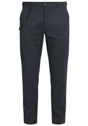 Dark gray trousers with a smooth texture, featuring a side chain detail, two front pockets, and a standard belt loop design.