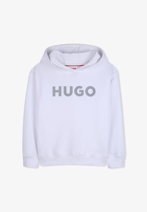 Weißer Hoodie mit großem grauem „HUGO“-Logo auf der Vorderseite, mit Kängurutasche sowie gerippten Bündchen und Saum. Weiche Stoffstruktur.