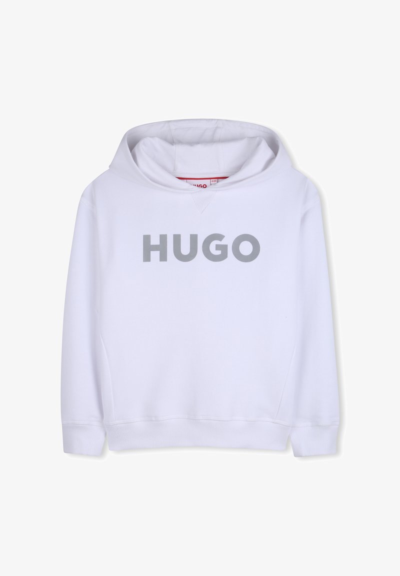 Sweat à capuche blanc avec un grand logo gris "HUGO" sur le devant, doté d'une poche kangourou et de poignets et d'un ourlet côtelés. Texture de tissu doux.