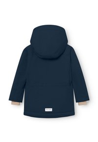 Giacca con cappuccio blu navy dal tessuto liscio, con accenti di polsino elastico, dettaglio in vita arricciata e un'etichetta all'orlo.