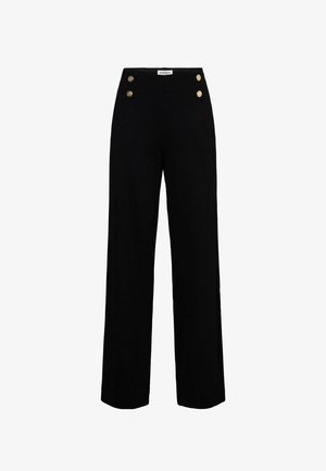 Zwarte wijde broek van gladde stof, met een hoge taille en twee gouden knopen aan elke kant voor extra detail.