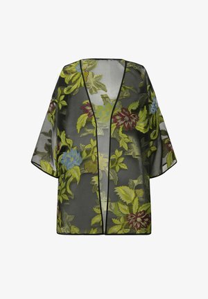 Gennemsigtig sort kimono med blomsterbroderi i grøn, blå og burgunder. Har åben front og brede ærmer, kantet med sort trim.