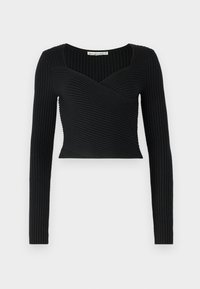 Top negro corto con mangas largas, con textura acanalada y un diseño cruzado en la parte frontal. Tela suave, estilo minimalista.