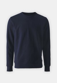 Sweat-shirt bleu marine à manches longues avec col rond, poignets et ourlet côtelés, présenté sur un fond clair uni.