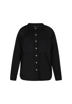 Schwarzes Hemd mit Knopfleiste, abgerundetem Kragen, Raglanärmeln, zwei Brusttaschen und silbernen Knöpfen. Hergestellt aus einem weichen, strukturierten Stoff.
