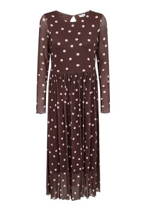 Braunes Kleid mit langen Ärmeln und hellrosa Polka-Dots, geraffter Taille, Schlüssellochausschnitt und transparentem Stoffüberzug.