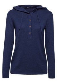 Navyblauer Kapuzenpullover mit langen Ärmeln, Knopfblende und Kordelzug. Weicher Stoff mit entspannter Passform.